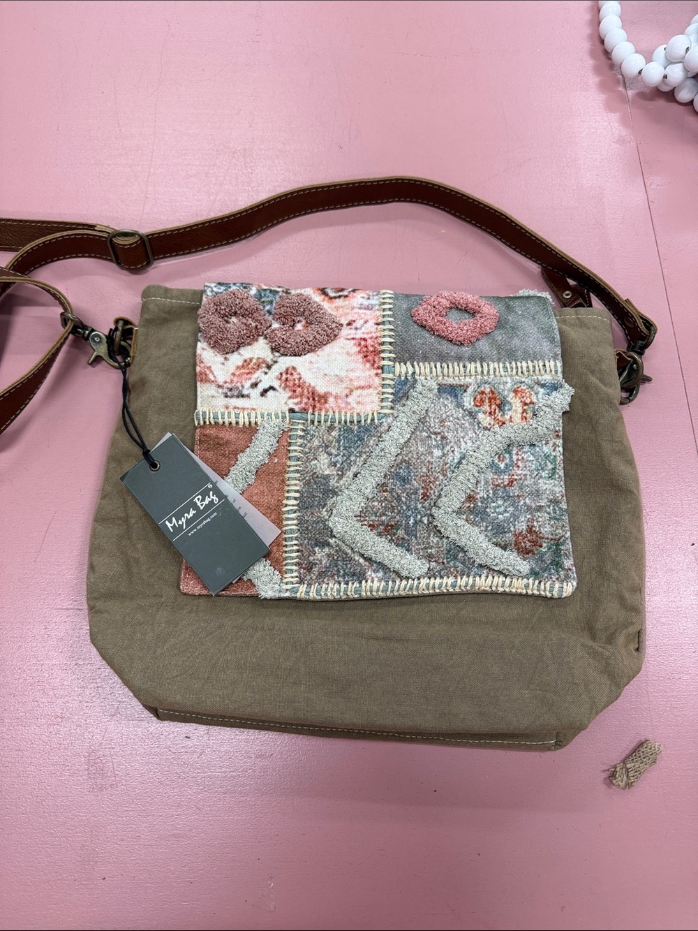 Myra Bag Patchwork Flap Crossbody in Taupe and Pink Accents